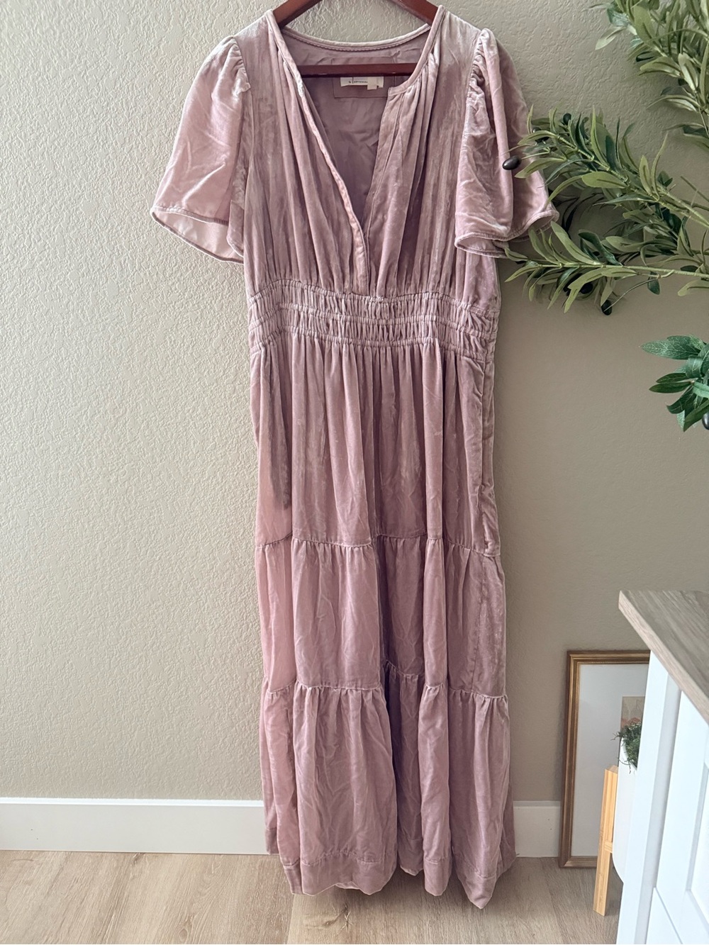 Anthropologie Dusty Rose Velvet Tiered Maxi Dress Smocked Waist Size L